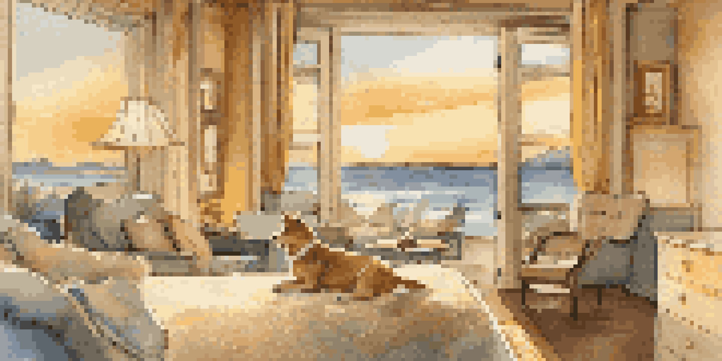 A luxurious resort room designed for pets, showcasing a soft pet bed and treats, with a coastal sunset view visible through large windows.