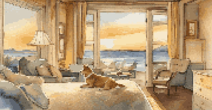 A luxurious resort room designed for pets, showcasing a soft pet bed and treats, with a coastal sunset view visible through large windows.