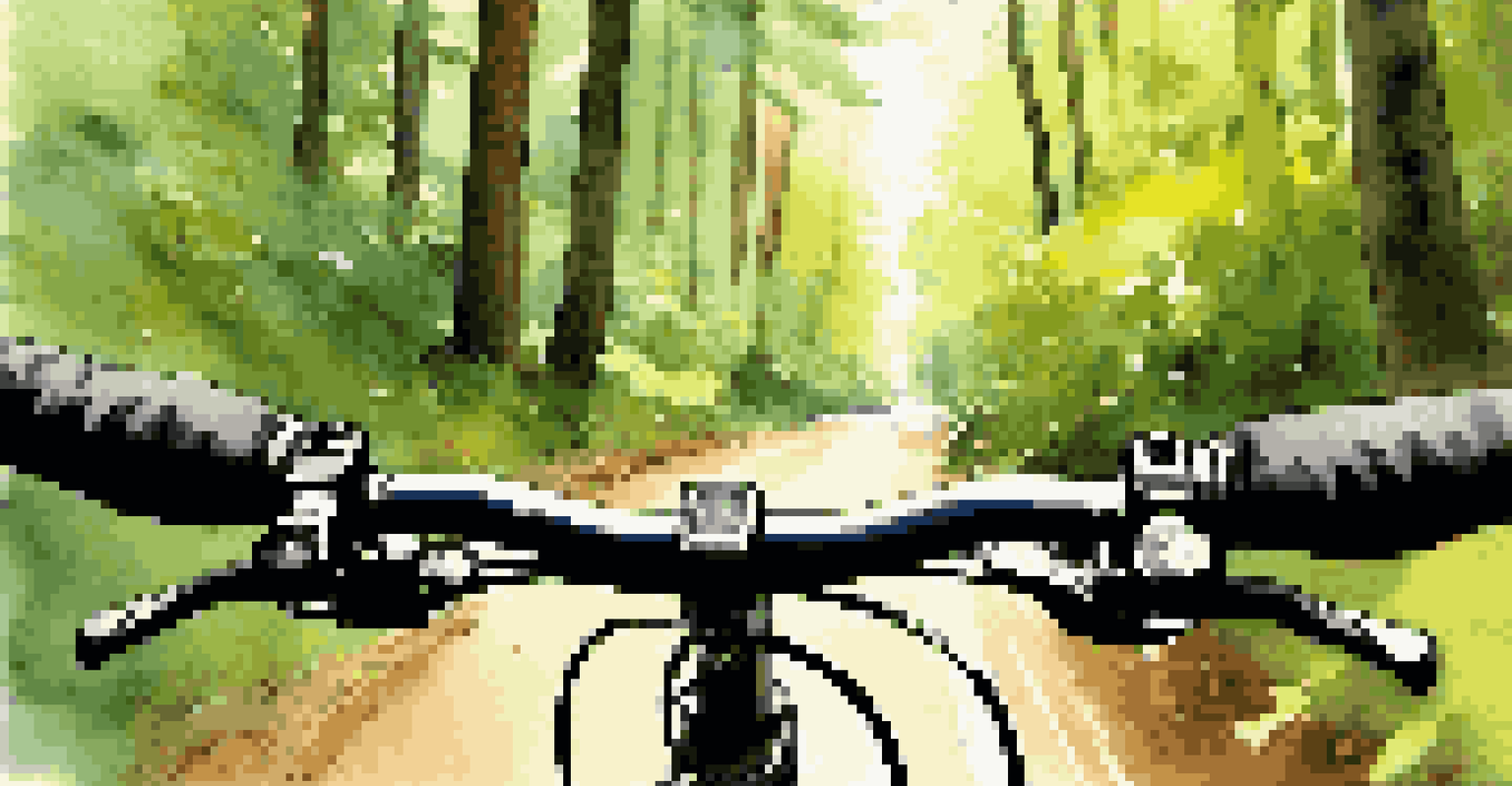An action camera mounted on a mountain bike handlebar, capturing a scenic forest trail with sunlight filtering through the leaves.