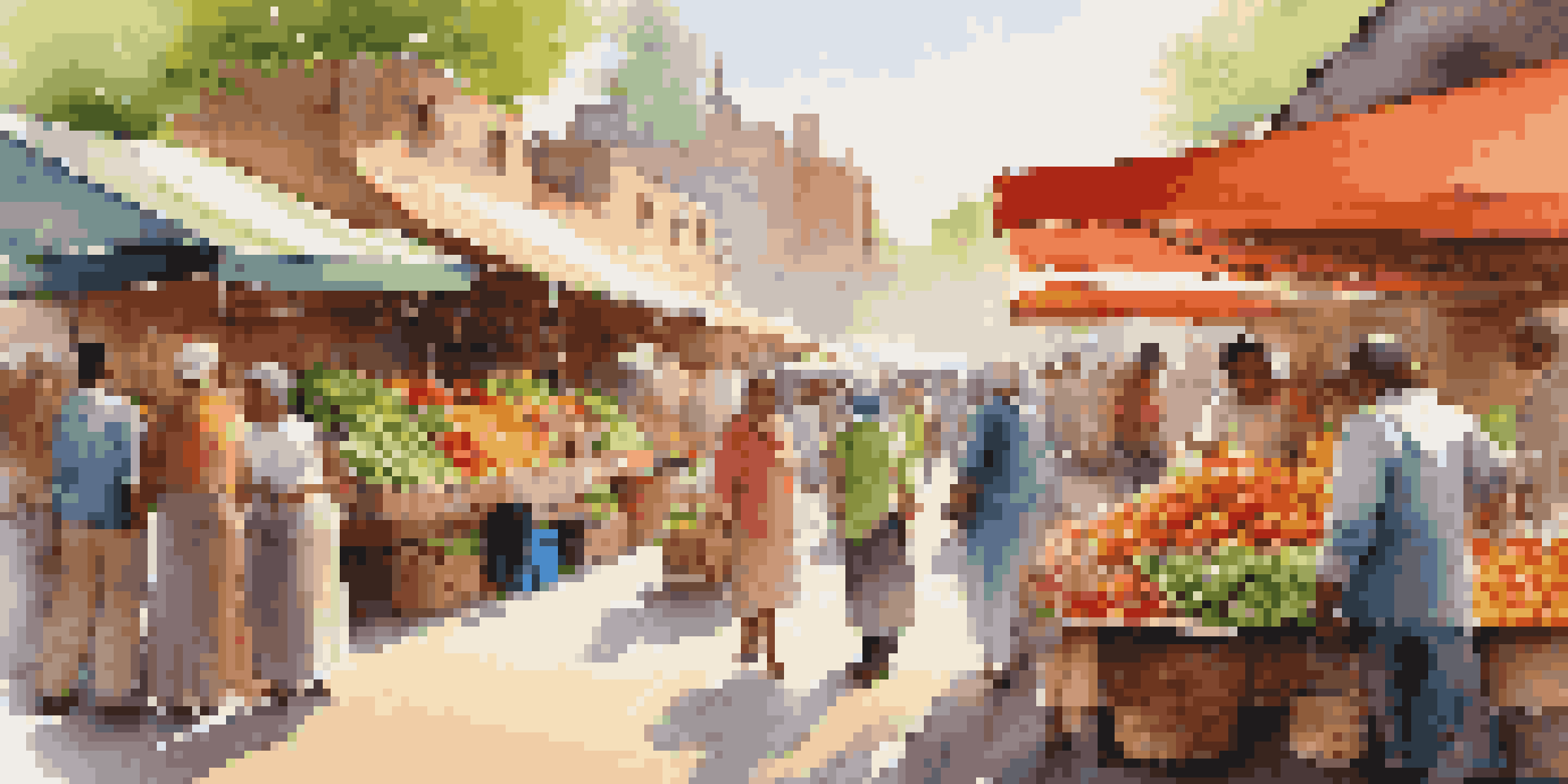 A bustling market filled with fresh fruits and vegetables under bright sunlight, with people shopping and interacting.