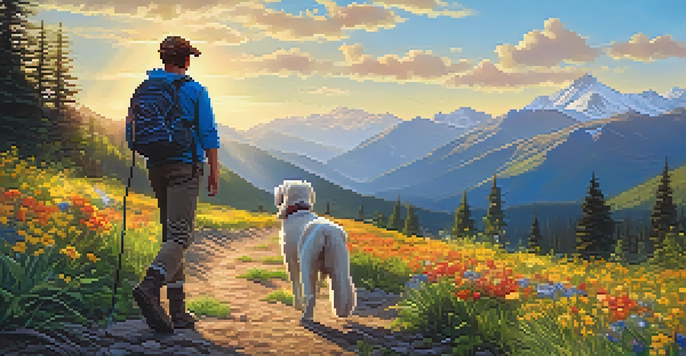 A hiker and their dog enjoying a sunny day on a colorful hiking trail with wildflowers and mountains in the background.