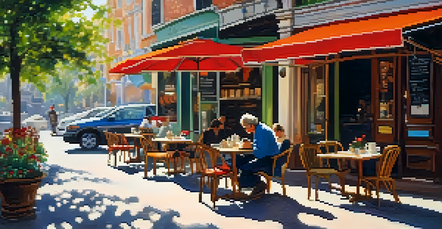 A man reads a book while sipping coffee at an outdoor cafe, surrounded by colorful flowers and sunlight.