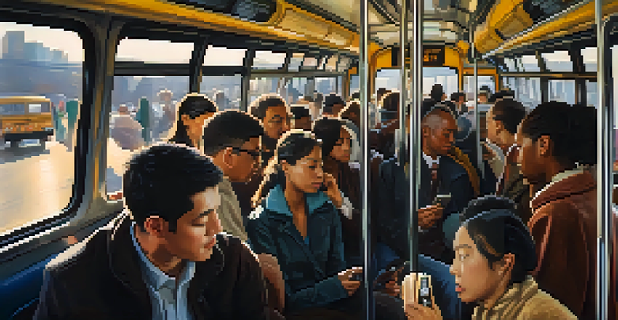 A crowded bus with passengers of different ages and ethnicities, some looking at their phones and others talking, in a warm-lit interior.