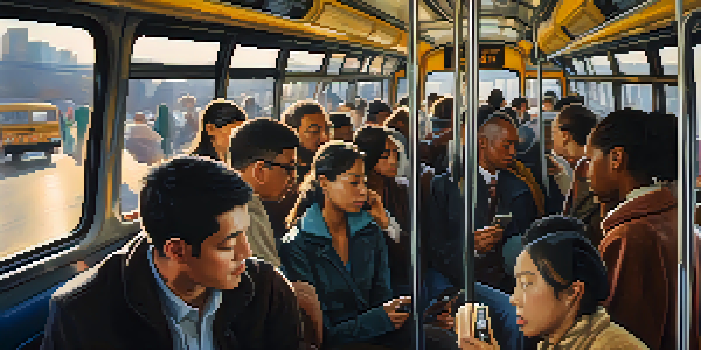 A crowded bus with passengers of different ages and ethnicities, some looking at their phones and others talking, in a warm-lit interior.