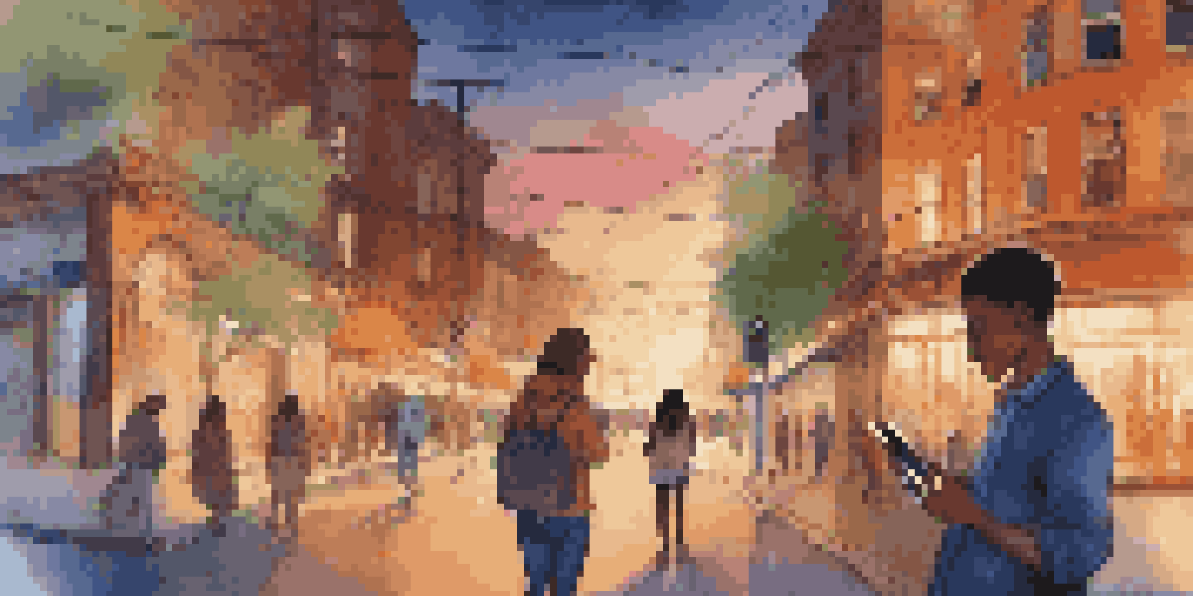 A city scene at dusk with travelers using GPS devices, including a woman with a smartphone and a couple with a tablet, amidst colorful storefronts and streetlights.
