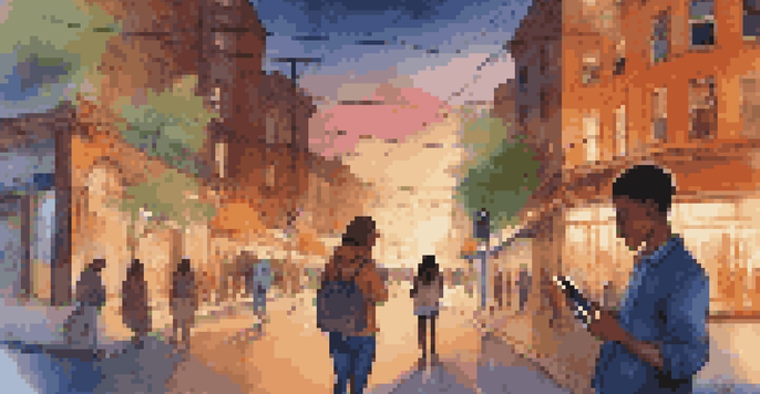 A city scene at dusk with travelers using GPS devices, including a woman with a smartphone and a couple with a tablet, amidst colorful storefronts and streetlights.