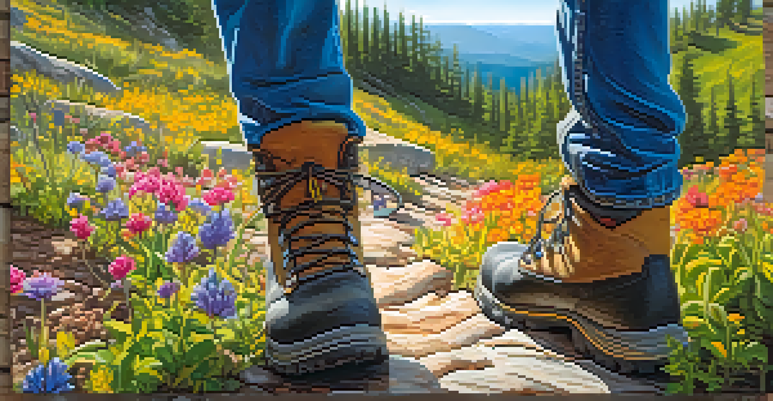 Close-up of a hiker's feet in sturdy boots on a rocky trail surrounded by colorful wildflowers, with sunlight filtering through trees.