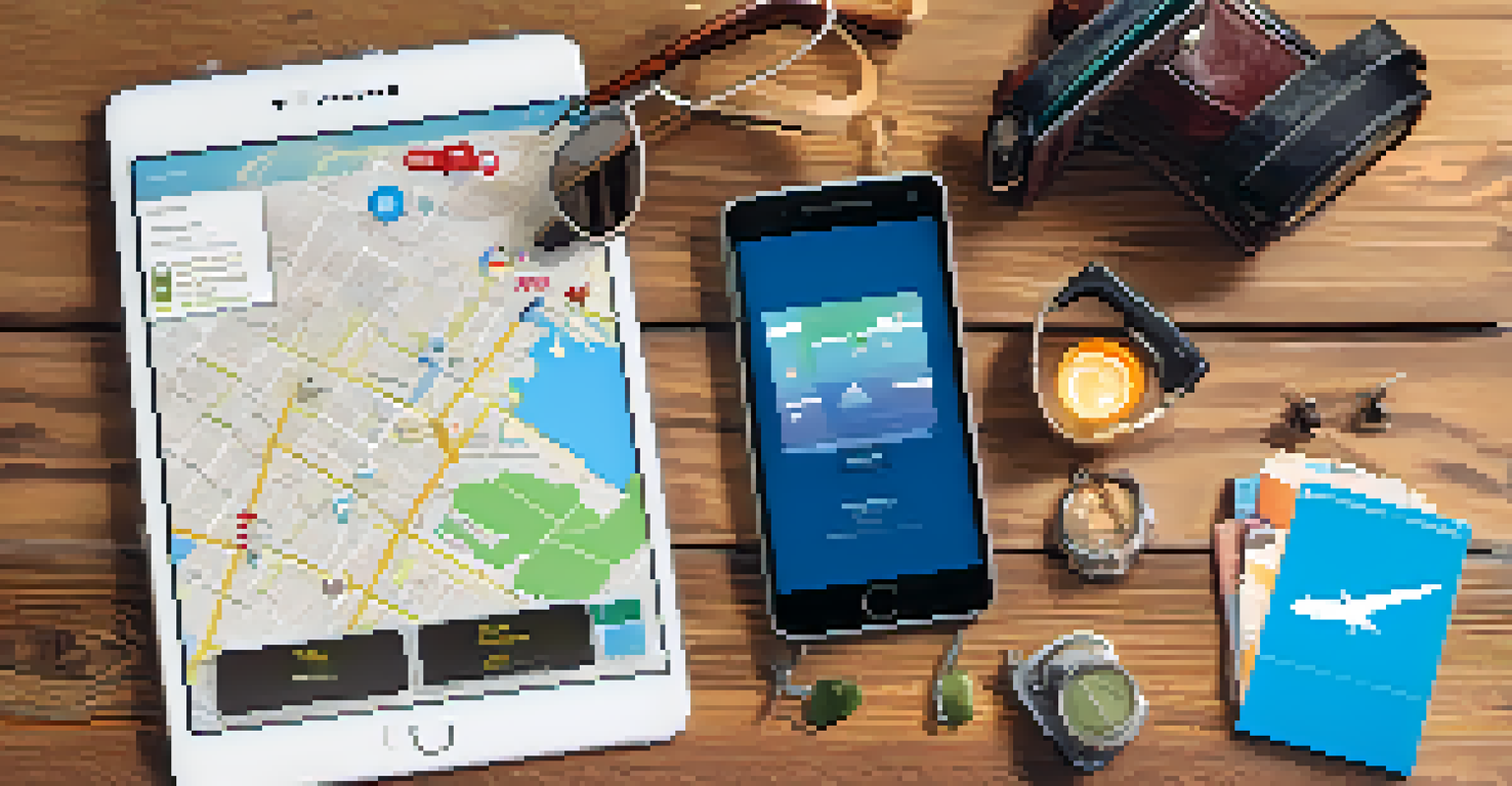 A smartphone with travel apps on the screen, surrounded by travel essentials like a passport and sunglasses on a wooden table.