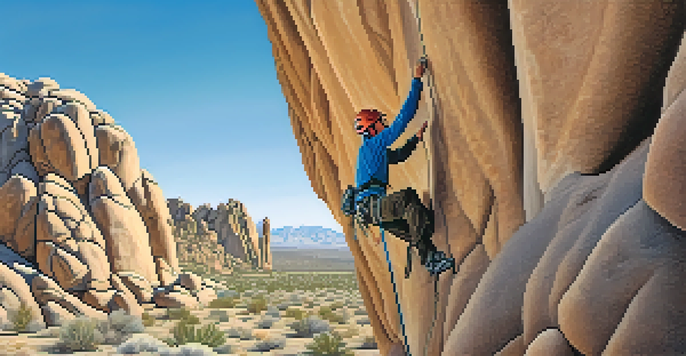 A climber scaling a cliff in Joshua Tree National Park with a clear blue sky and desert scenery.
