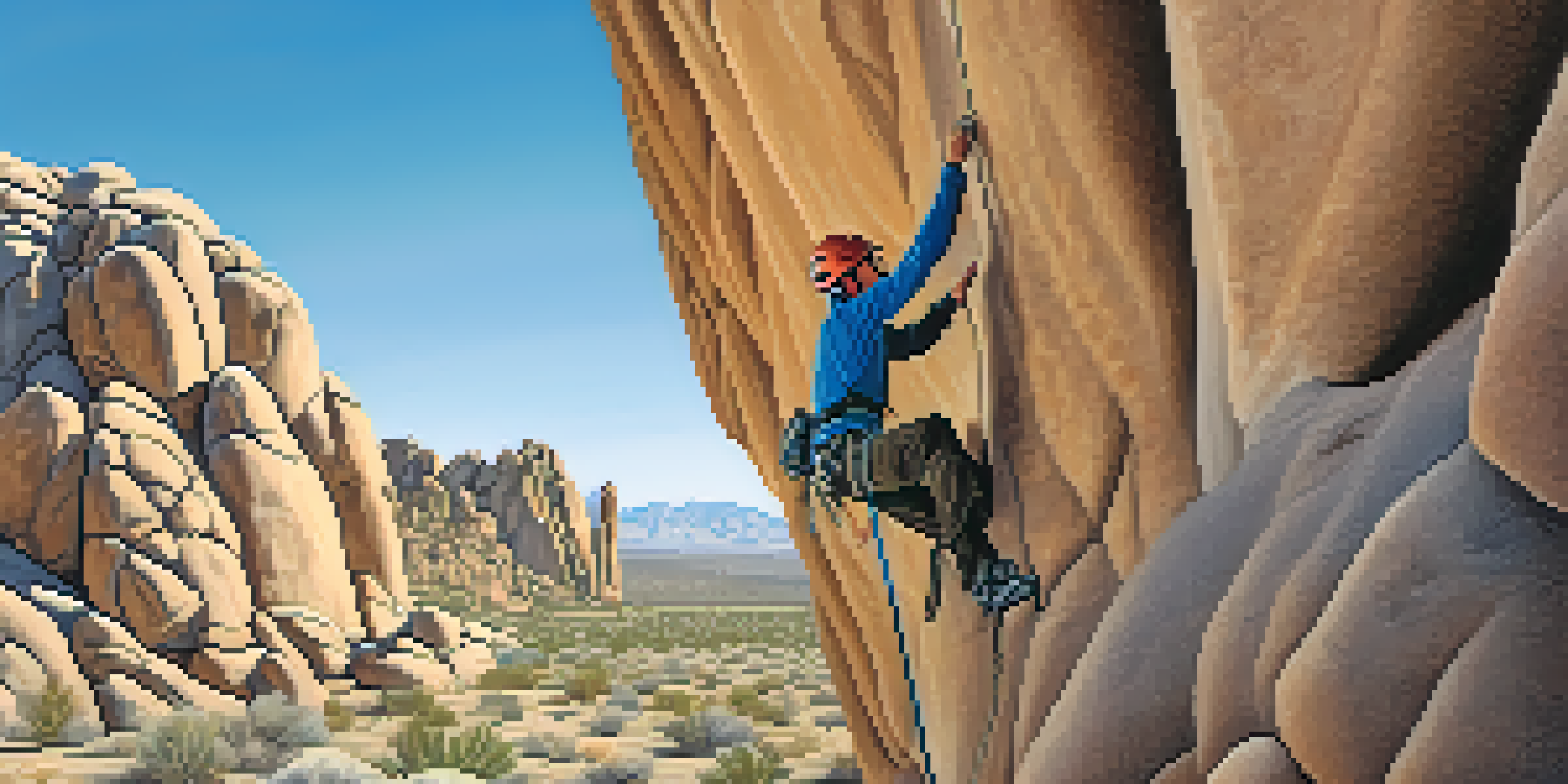 A climber scaling a cliff in Joshua Tree National Park with a clear blue sky and desert scenery.