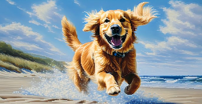 A golden retriever joyfully running on a sandy beach with ocean waves in the background and a clear blue sky.