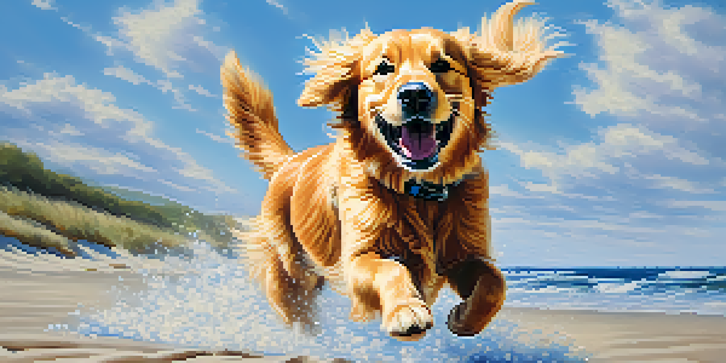 A golden retriever joyfully running on a sandy beach with ocean waves in the background and a clear blue sky.