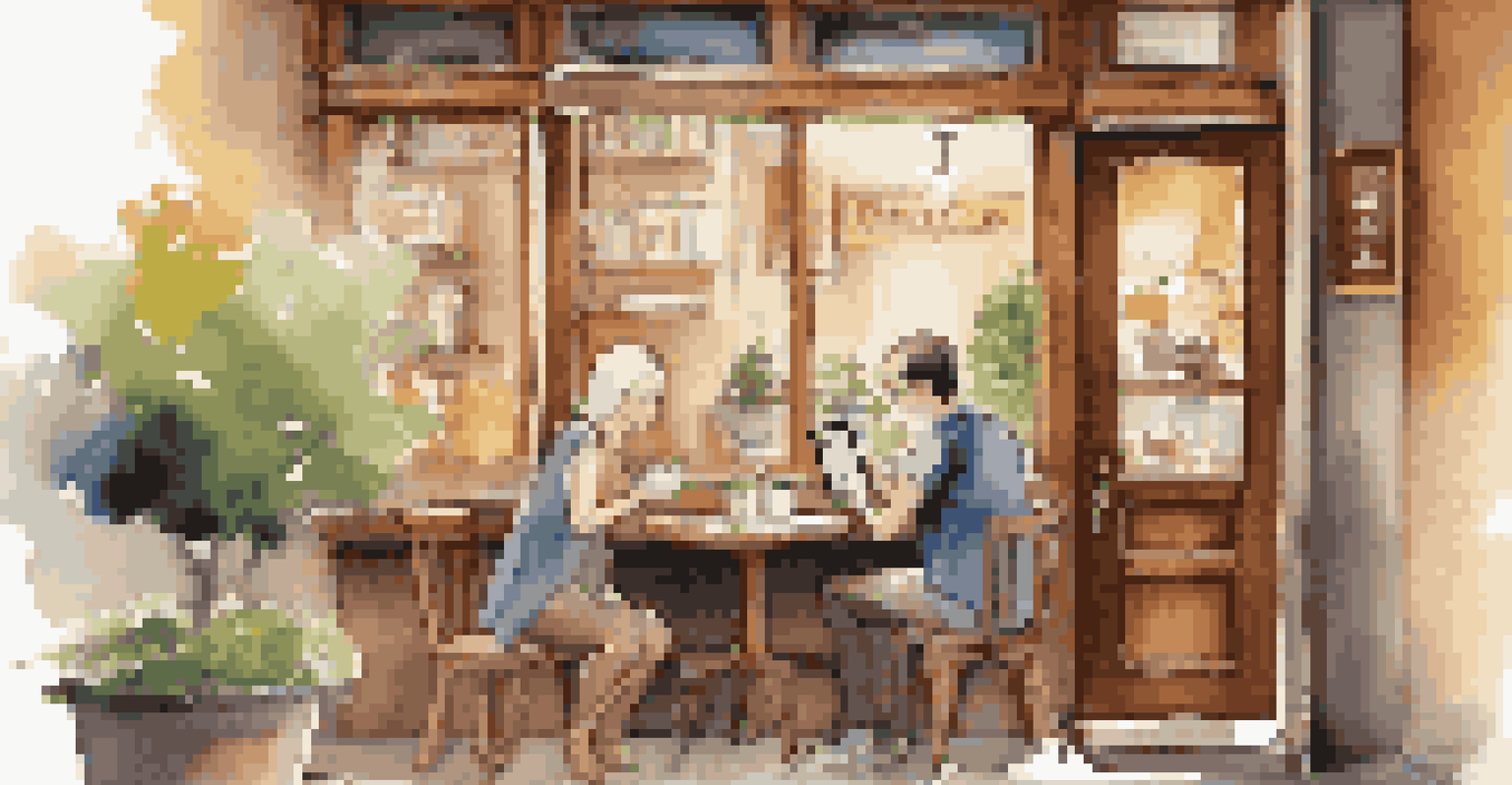 A traveler enjoys coffee and uses a language learning app at a cozy café with bookshelves.
