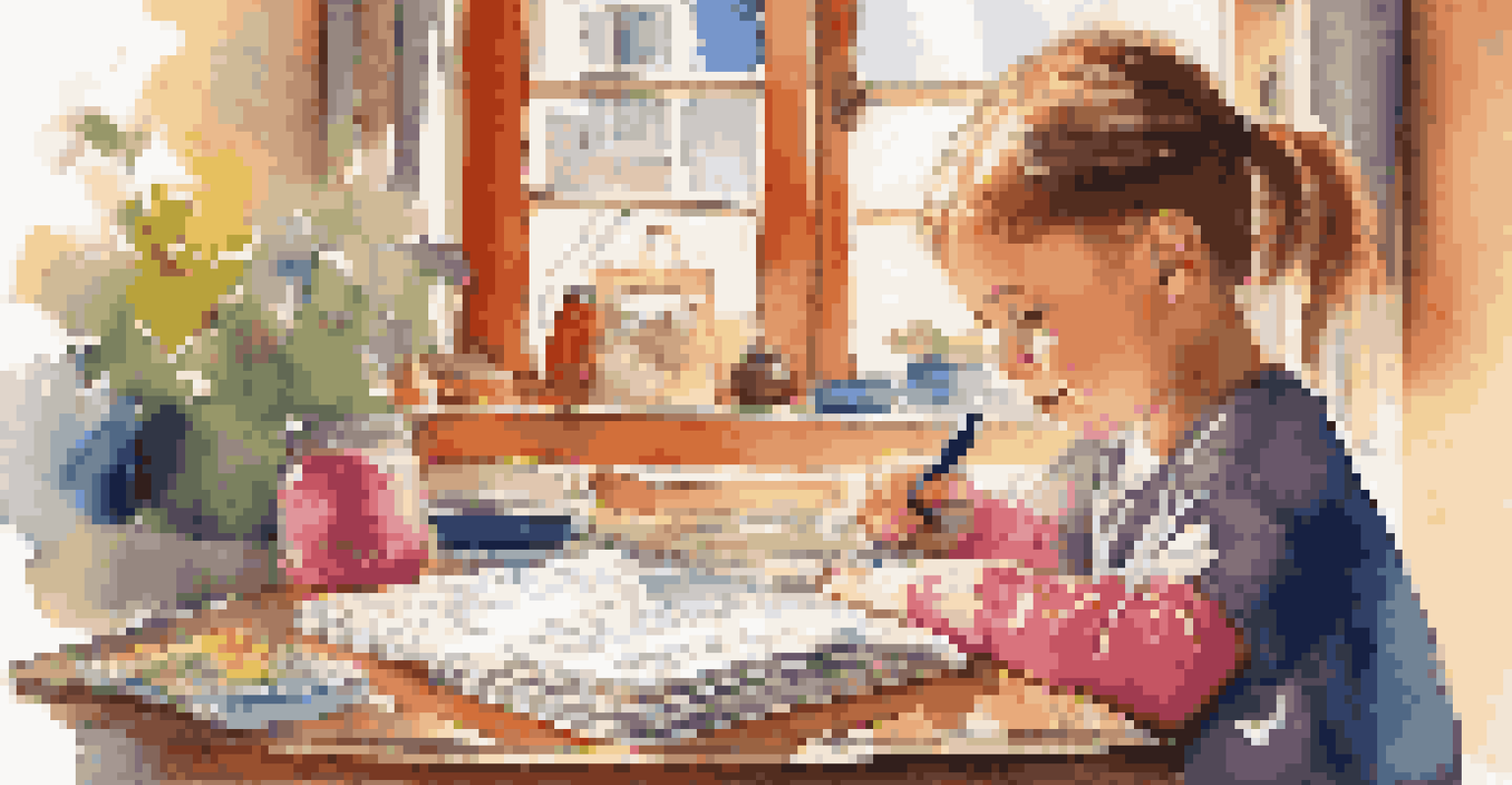 A child writing in a travel journal surrounded by photos and souvenirs from a family trip, with warm light from a window creating a cozy atmosphere.
