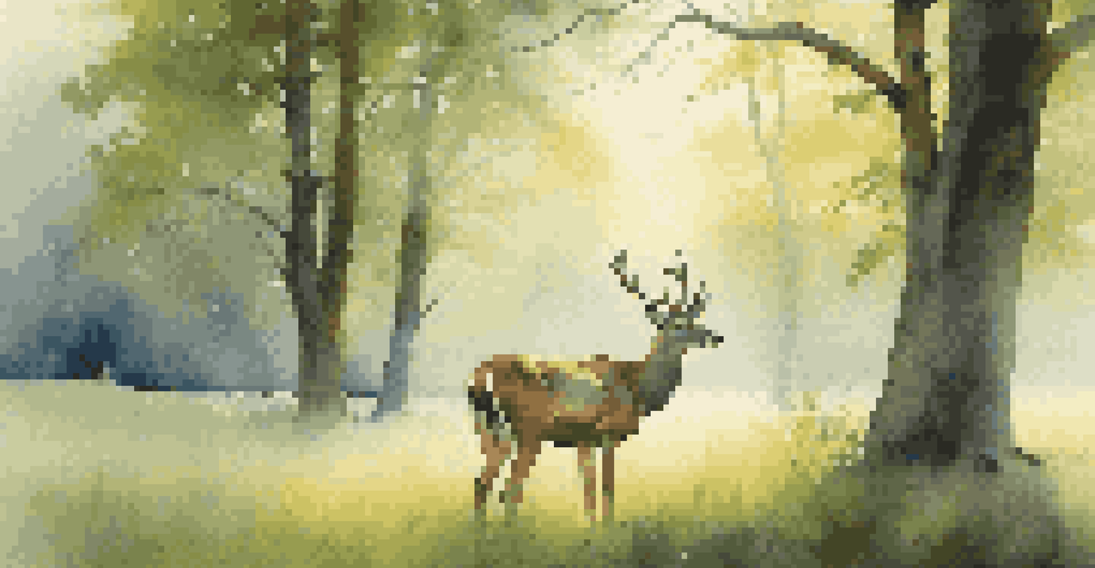 A deer grazing in a green meadow at dawn, with soft light and mist creating a tranquil atmosphere.