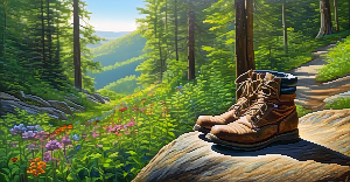 A hiking trail in a forest with sunlight shining through trees, and a pair of hiking boots on a rocky path.
