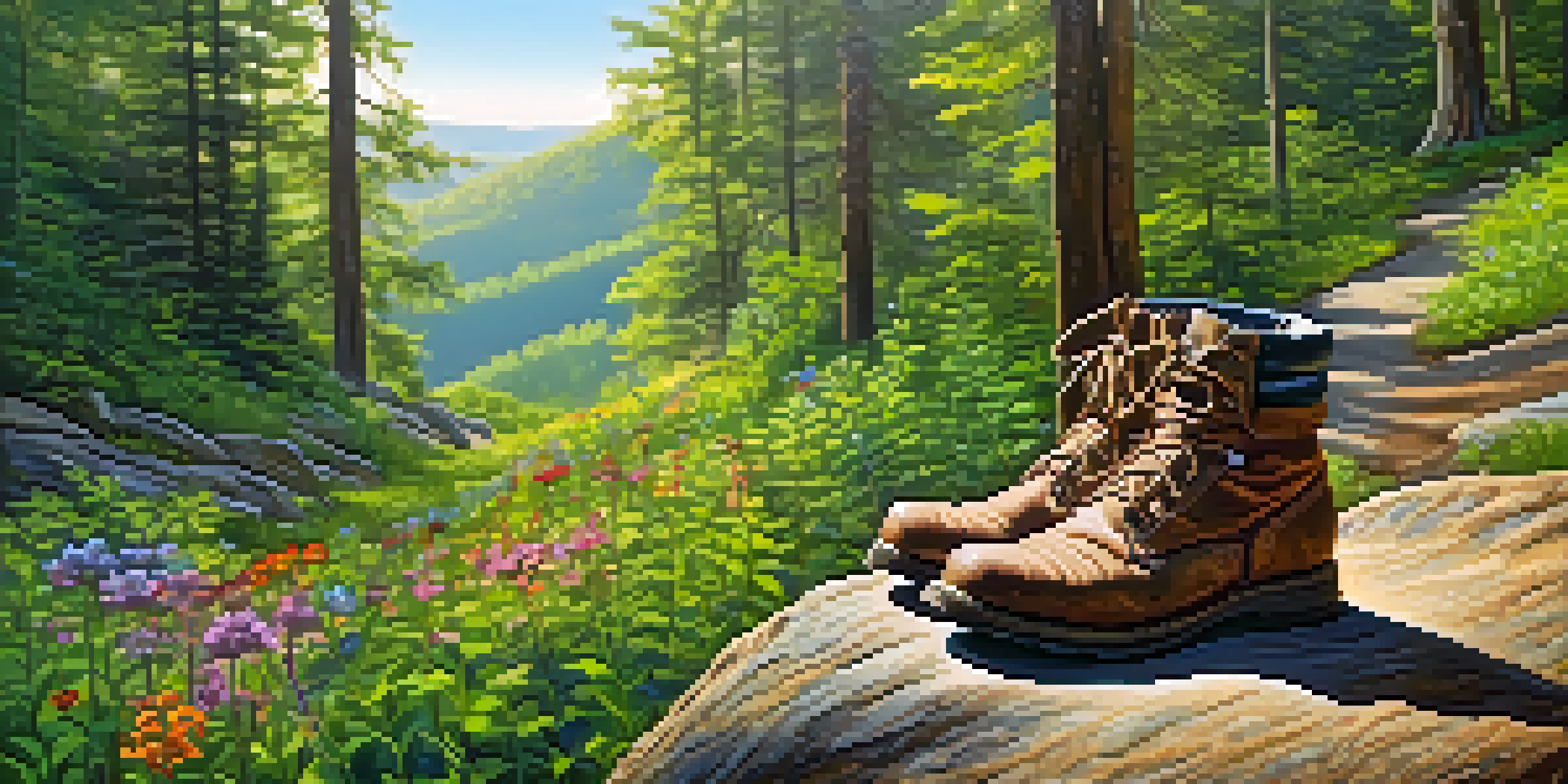 A hiking trail in a forest with sunlight shining through trees, and a pair of hiking boots on a rocky path.