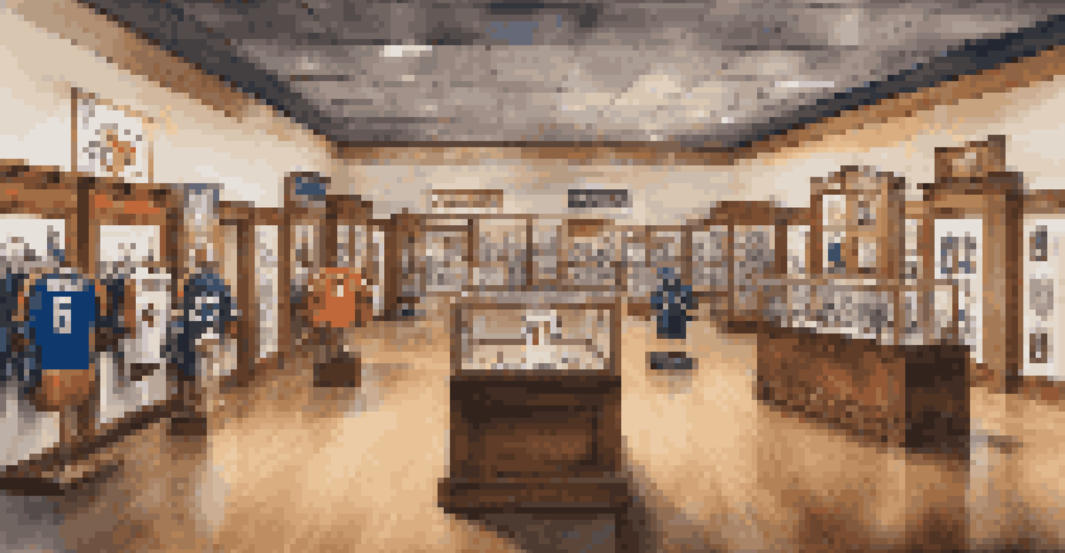An interior view of a local sports museum displaying jerseys and trophies in a warmly lit setting.