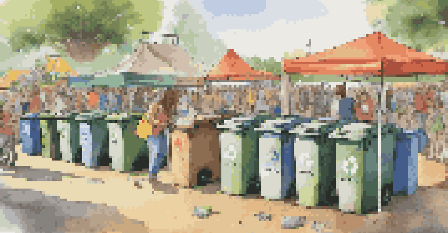 A recycling station at a music festival with people sorting their waste into different bins.