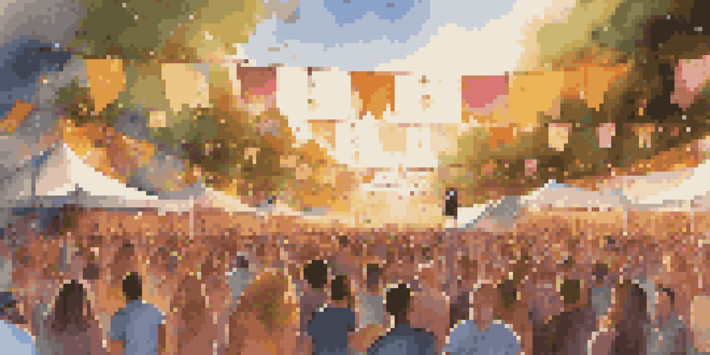 A lively outdoor festival with a diverse crowd enjoying live music and art, illuminated by warm sunlight and decorated with colorful banners.