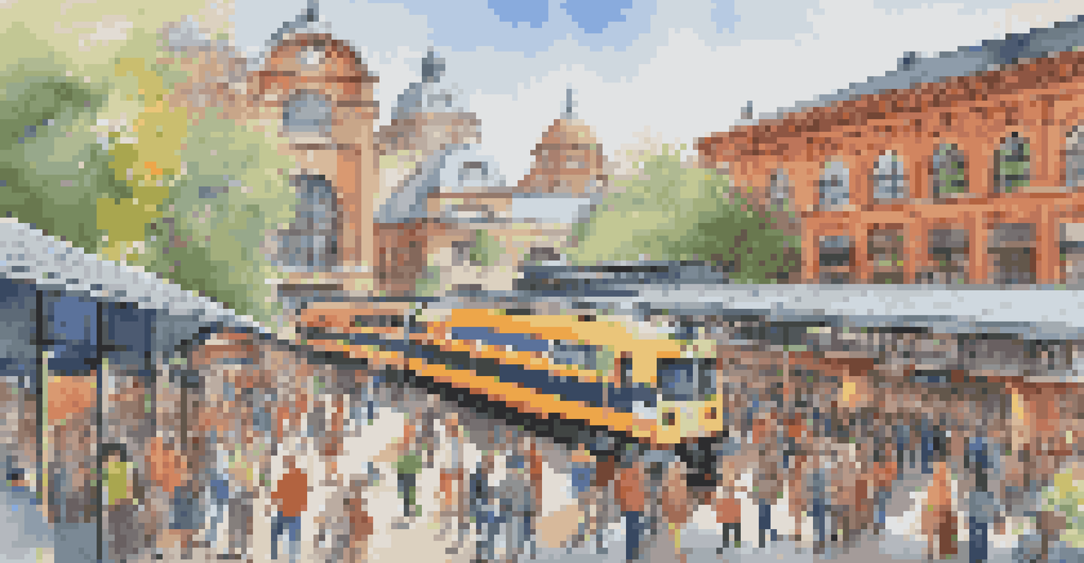 A busy train station with travelers boarding a colorful train and shops in the background.