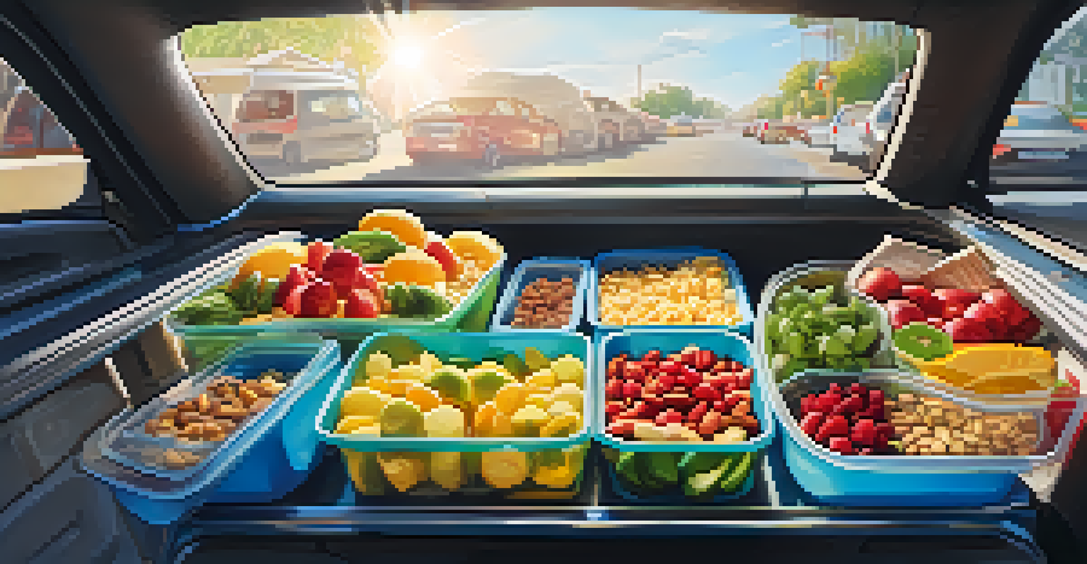 A cooler filled with meal prep containers, fruits, and a portable blender inside a car with sunlight streaming in.