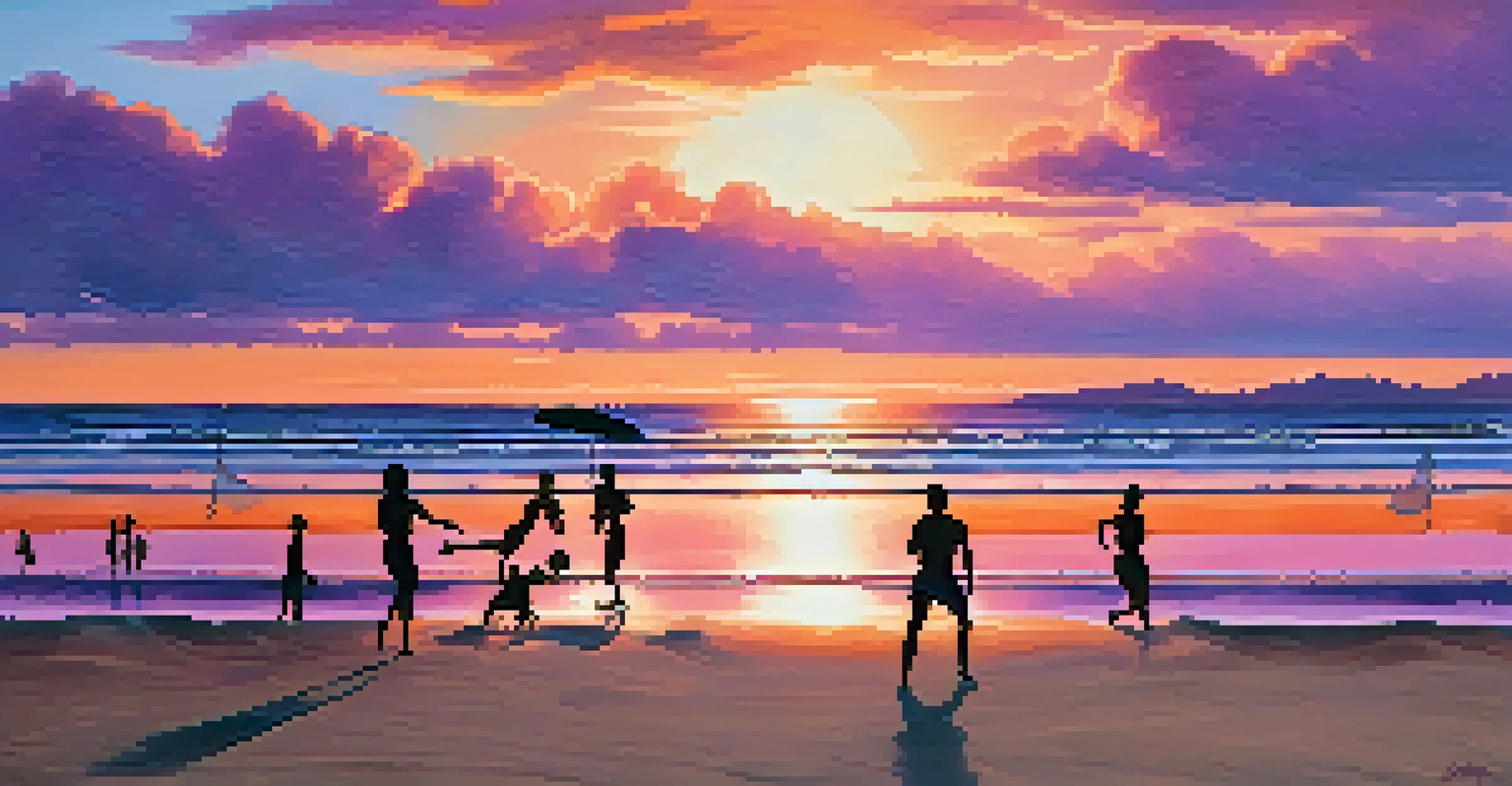 A sunset beach scene with silhouettes of people playing volleyball, vibrant colors in the sky, and gentle waves lapping at the shore.
