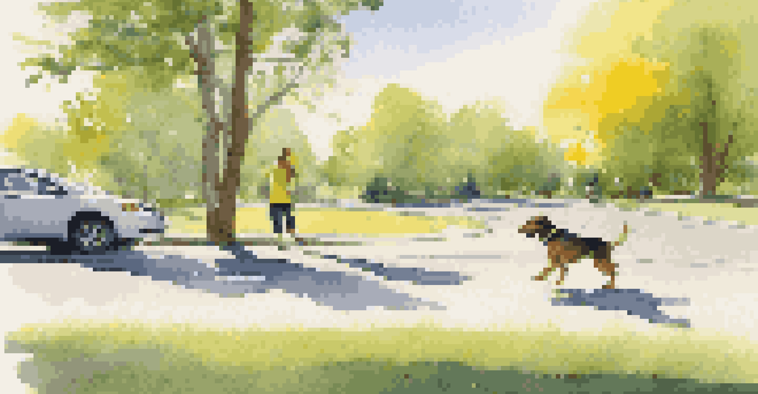 A pet owner playing fetch with a dog at a rest stop, with a frisbee in the dog's mouth and a car parked nearby.