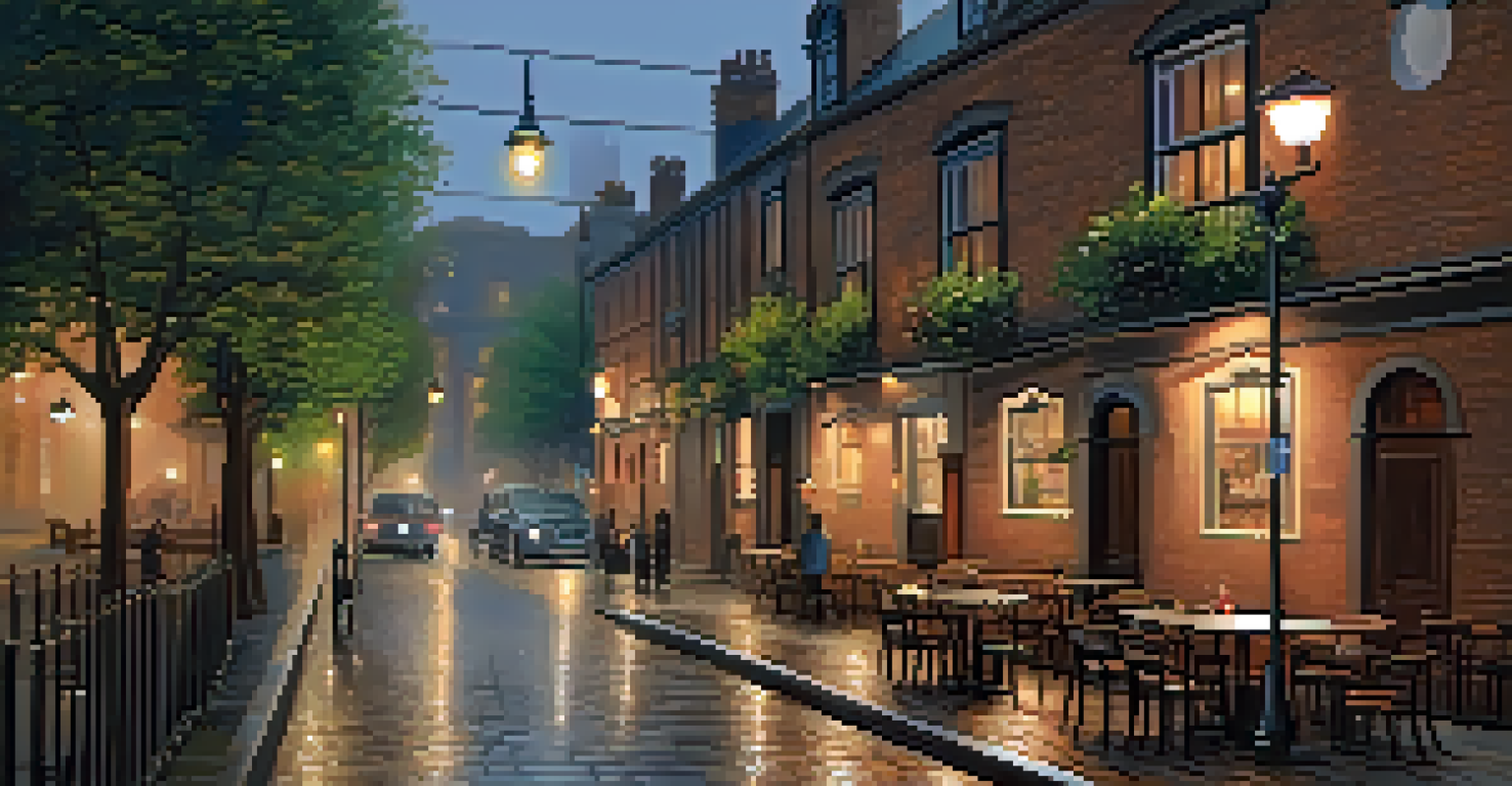 A quiet alleyway at dusk, featuring streetlights and a cozy café, evoking a peaceful urban atmosphere.