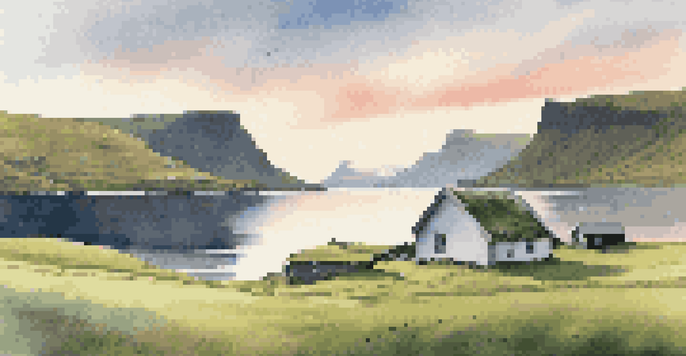 A beautiful sunrise over the Faroe Islands, showcasing dramatic cliffs and a traditional grass-roofed house.