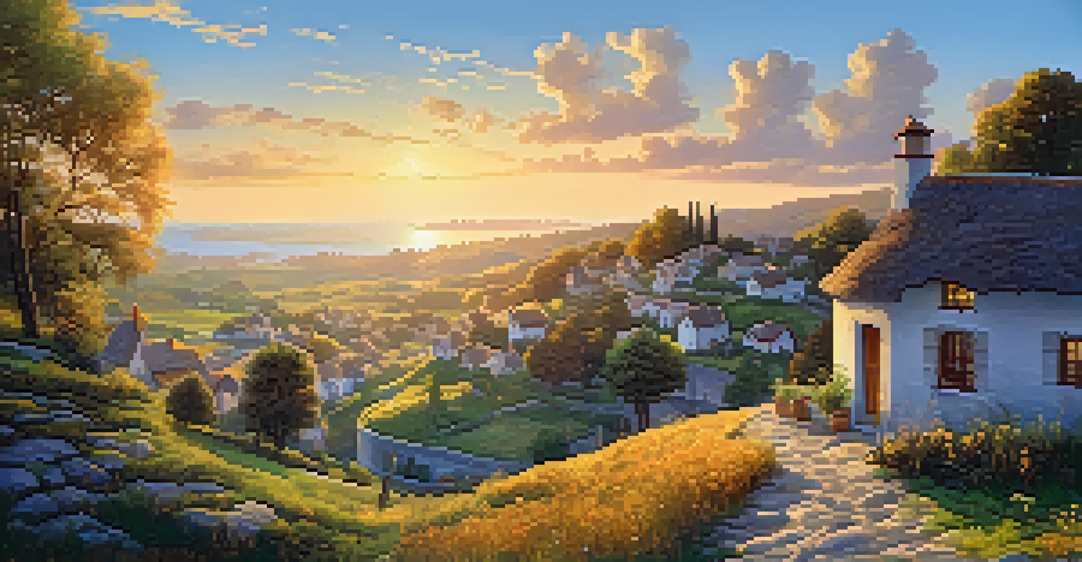 A traveler at a viewpoint overlooking a picturesque eco-friendly village with charming cottages under a sunset sky.