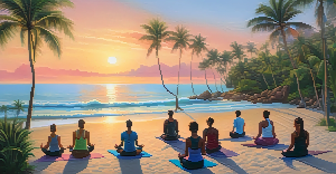 A group of people practicing yoga on the beach at sunrise, surrounded by palm trees and calm waters.