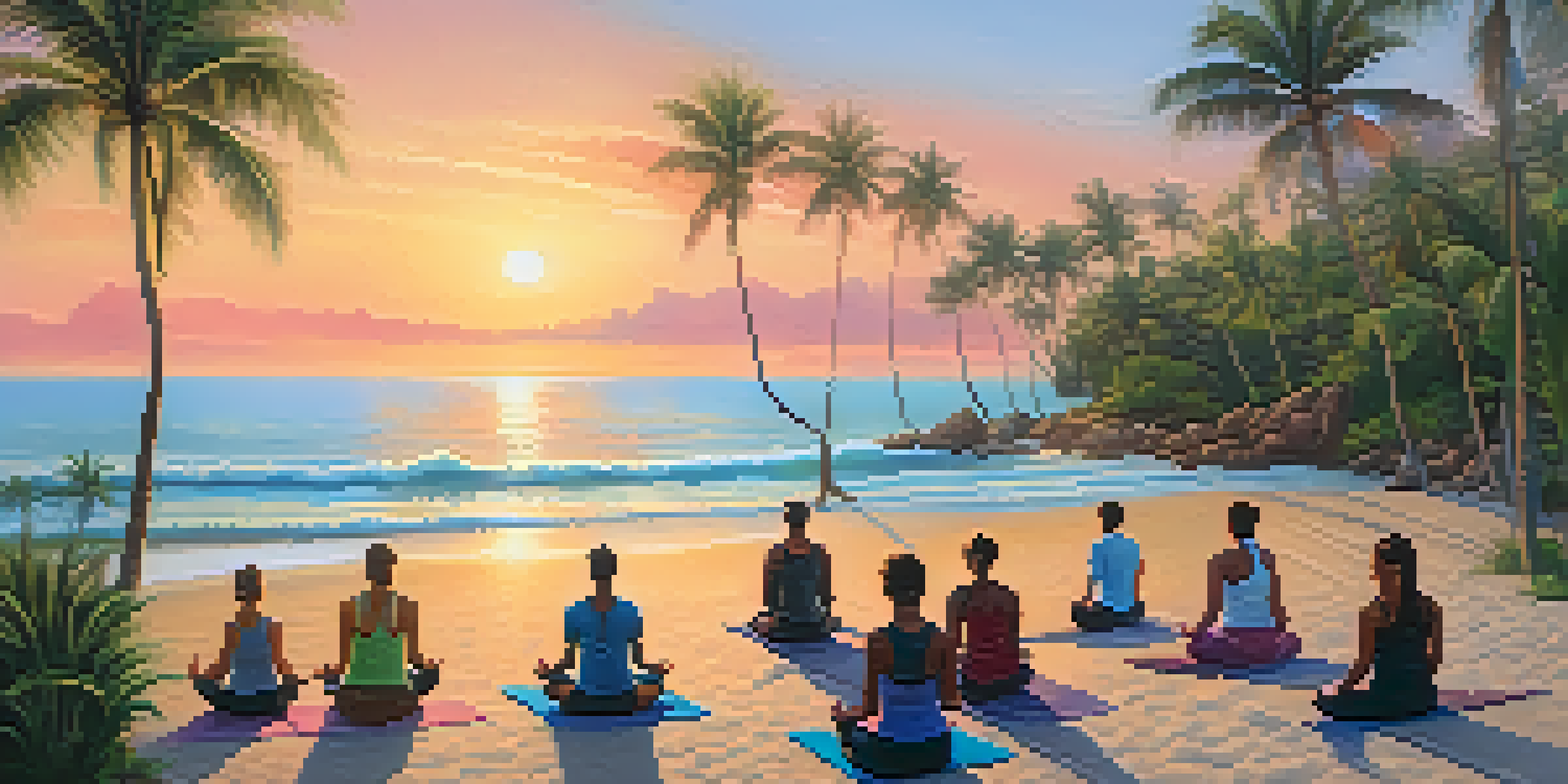 A group of people practicing yoga on the beach at sunrise, surrounded by palm trees and calm waters.