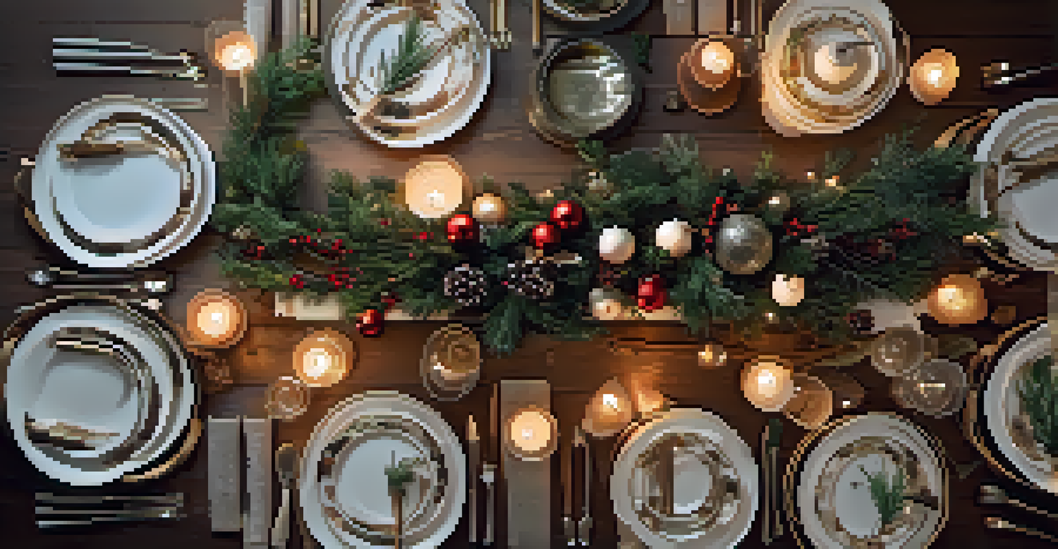 An elegantly set holiday dinner table with festive decorations, candles, and a centerpiece of pine branches.