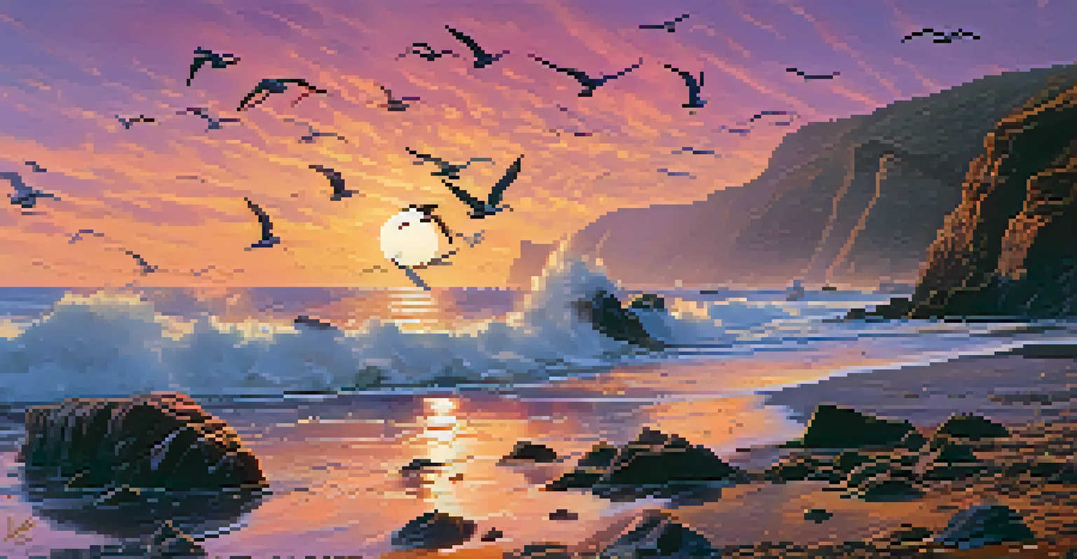A colorful sunset over a rugged coastline, with crashing waves and seagulls flying above, featuring a rocky beach in the foreground.
