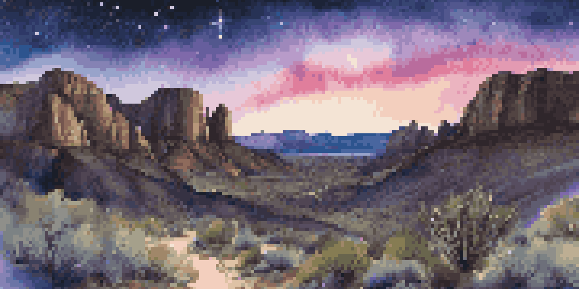 A breathtaking view of the night sky filled with the Milky Way over a rocky landscape in Big Bend National Park, with twinkling stars and soft moonlight highlighting the desert vegetation.