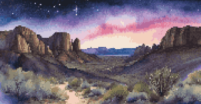 A breathtaking view of the night sky filled with the Milky Way over a rocky landscape in Big Bend National Park, with twinkling stars and soft moonlight highlighting the desert vegetation.