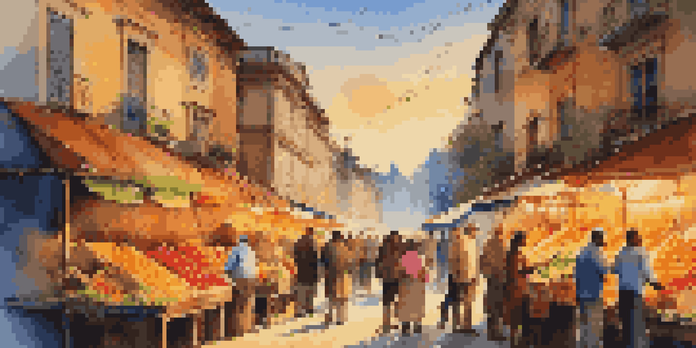 A bustling street market at dusk, showcasing colorful stalls and people enjoying local foods under warm lights.
