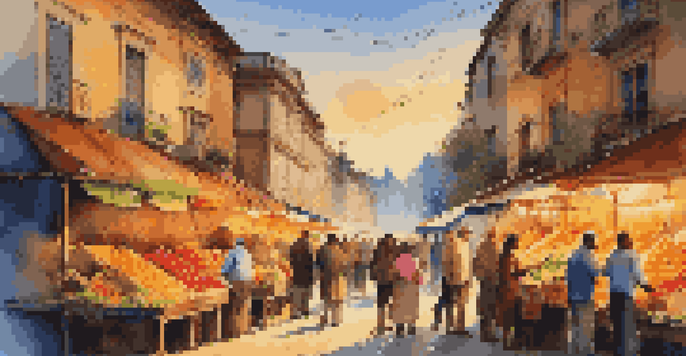 A bustling street market at dusk, showcasing colorful stalls and people enjoying local foods under warm lights.