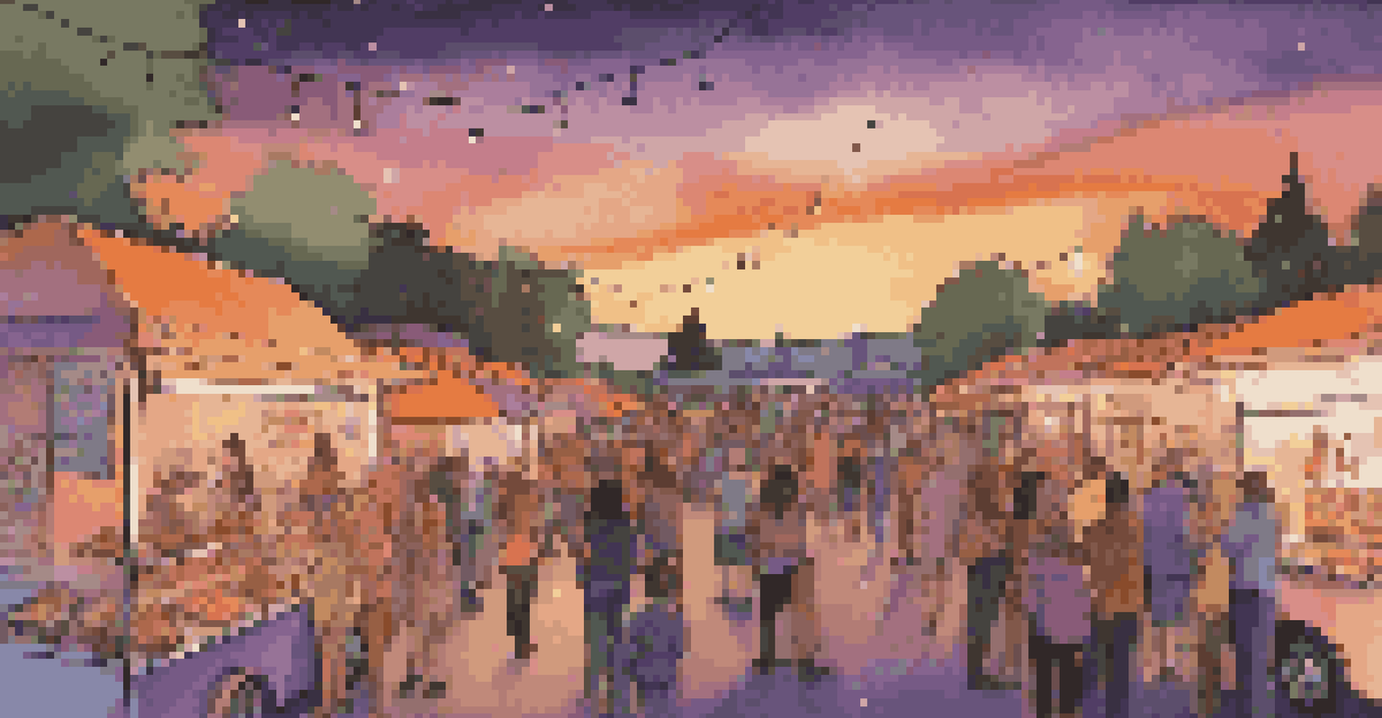 A food truck festival at sunset with people enjoying various dishes and colorful food trucks.
