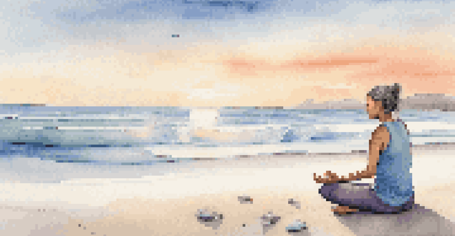 A person doing yoga on the beach at sunrise, surrounded by soft waves and seashells.