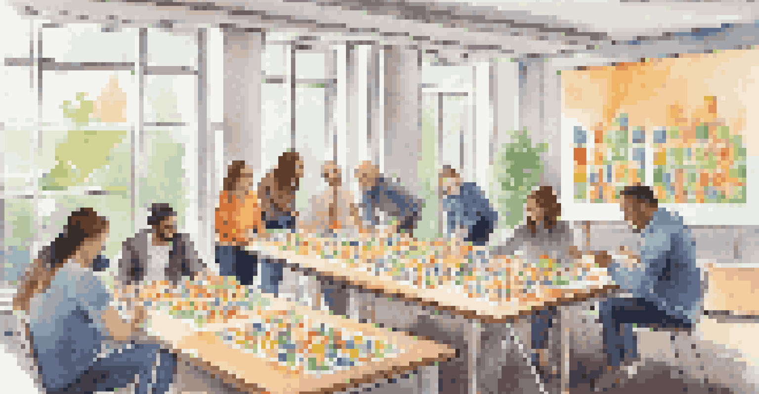 Participants engaged in a team-building activity with colorful building blocks in a bright conference room.