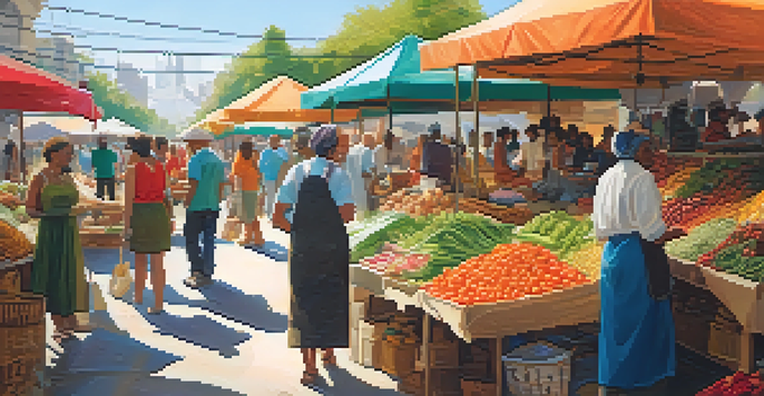A bustling outdoor market with colorful produce and people interacting with vendors.