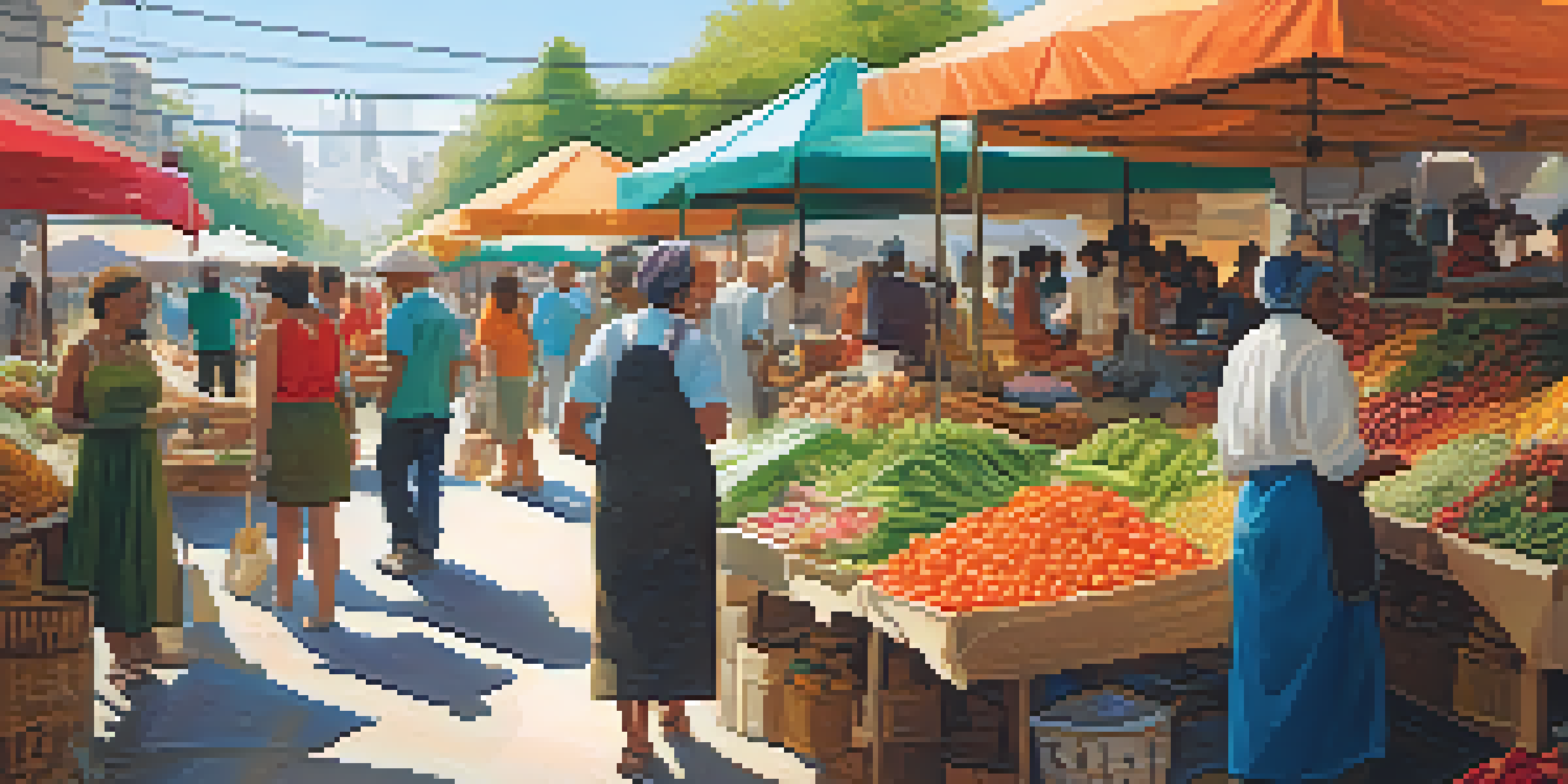A bustling outdoor market with colorful produce and people interacting with vendors.