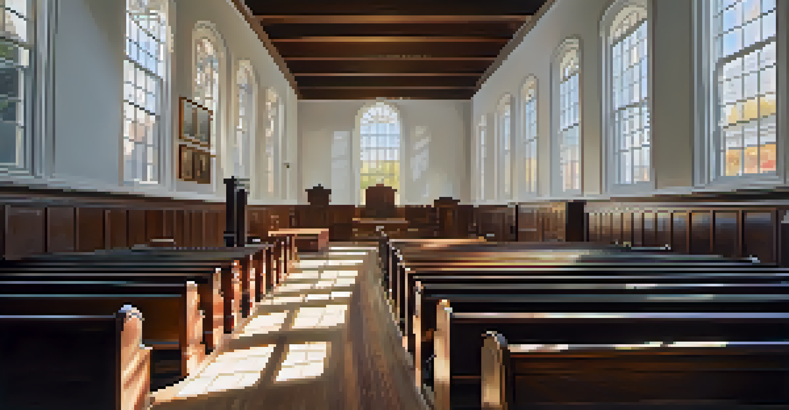 The interior of the Old South Meeting House showcasing wooden pews and sunlight filtering through tall windows.