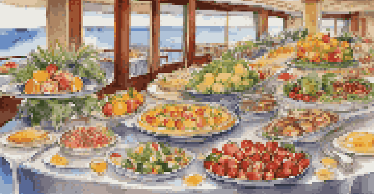 A colorful buffet on a cruise ship with a variety of dishes, elegantly decorated and showcasing dietary-friendly labels.