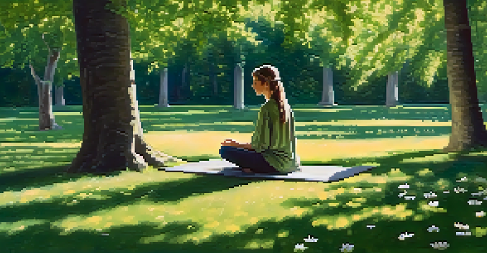 A traveler meditating peacefully on a green lawn in a park, surrounded by flowers and trees, with sunlight filtering through the leaves.