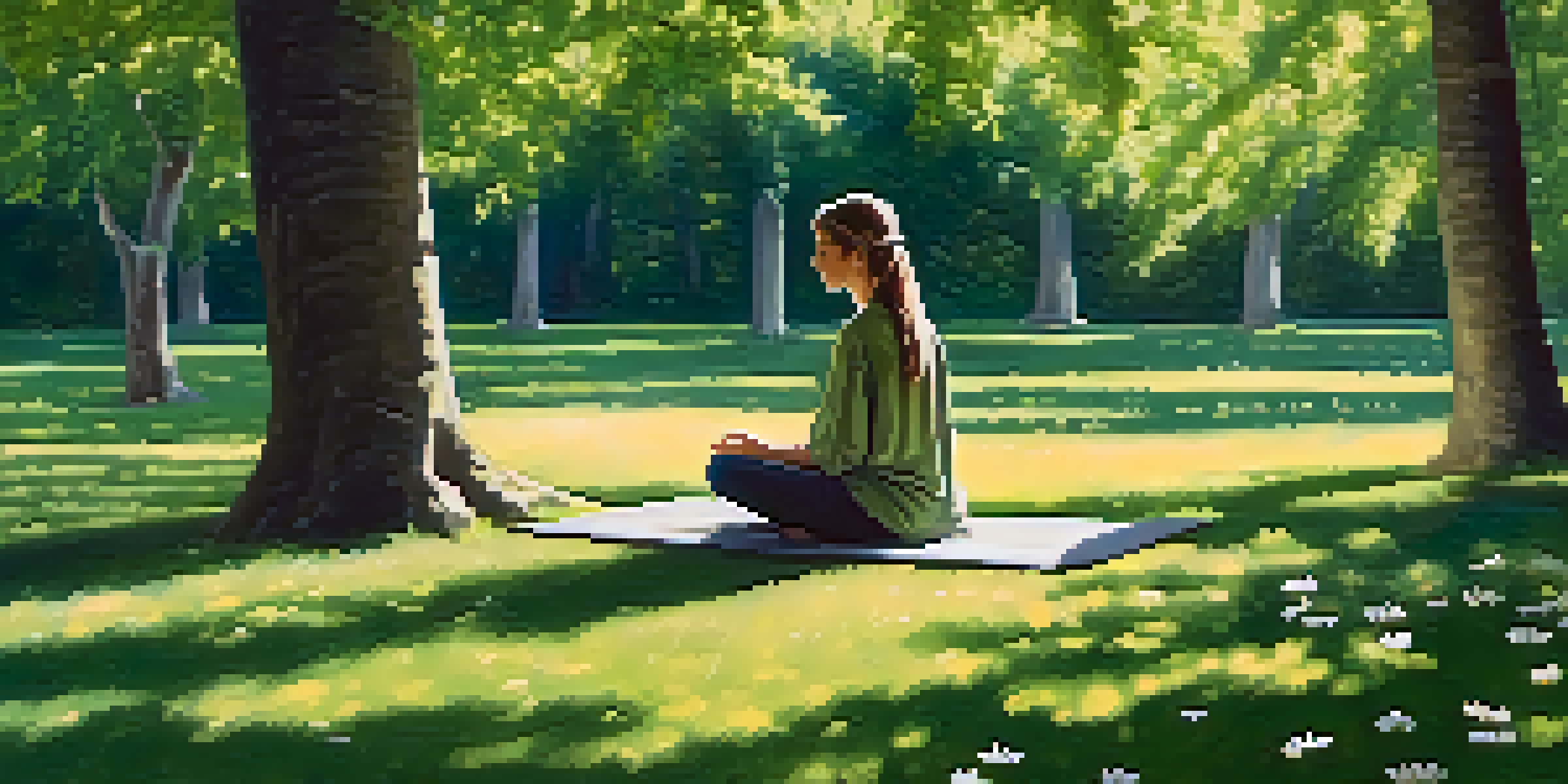 A traveler meditating peacefully on a green lawn in a park, surrounded by flowers and trees, with sunlight filtering through the leaves.