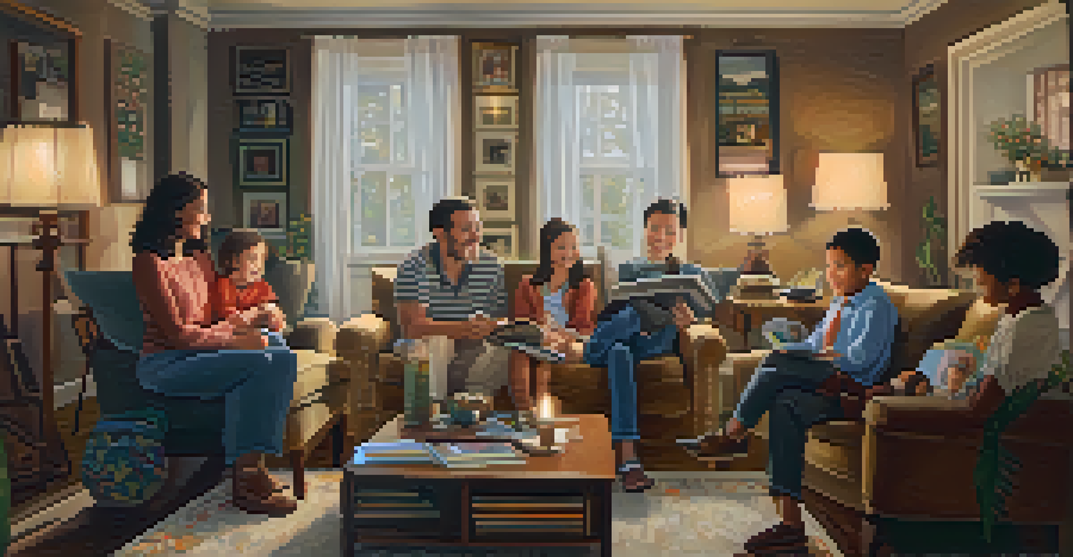 A family sitting together in a living room, enjoying a photo album filled with memories, surrounded by family portraits and heirlooms.