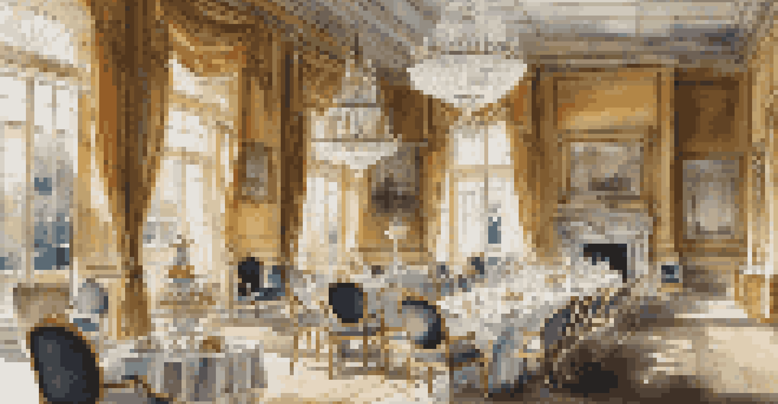 An opulent interior of Syon House with elegant furnishings, a grand chandelier, and a tea table set by a window.
